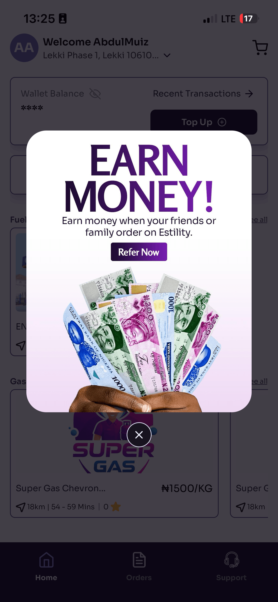 Estility app — home with referral modal