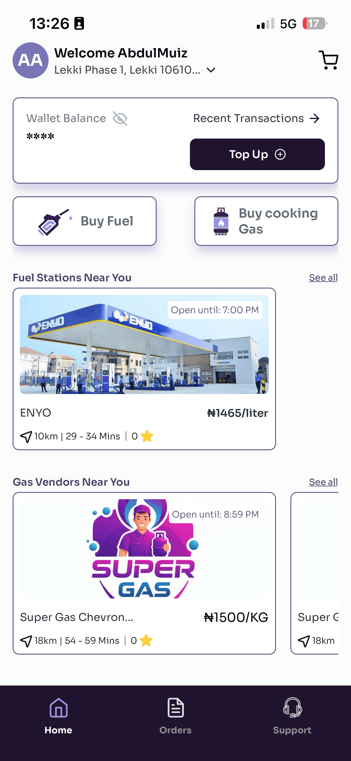 Estility app — home dashboard with fuel and gas CTAs