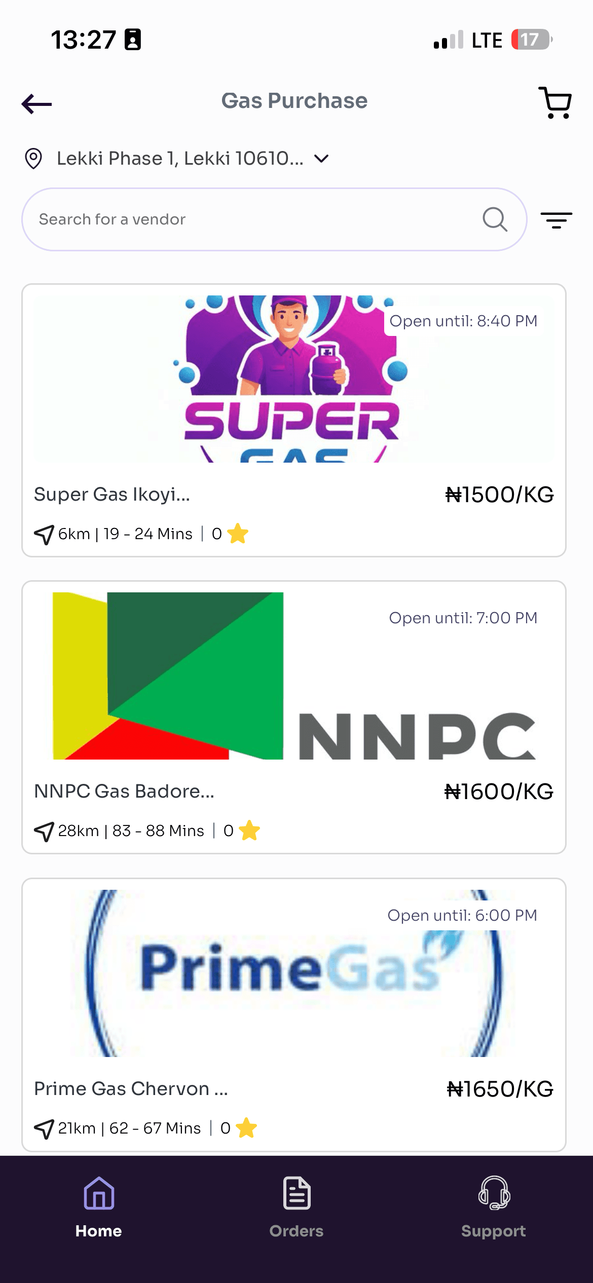 Estility app — gas purchase vendor listing