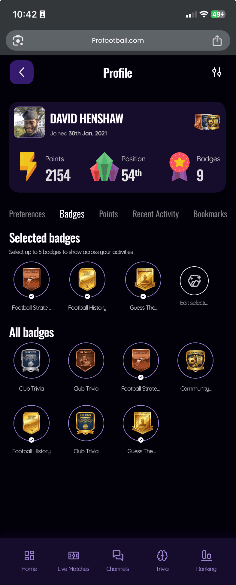 ProFootball mobile profile