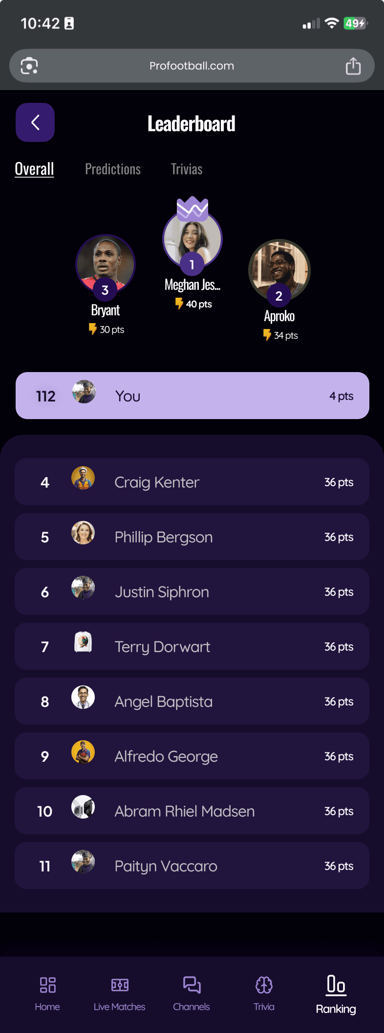 ProFootball mobile leaderboard
