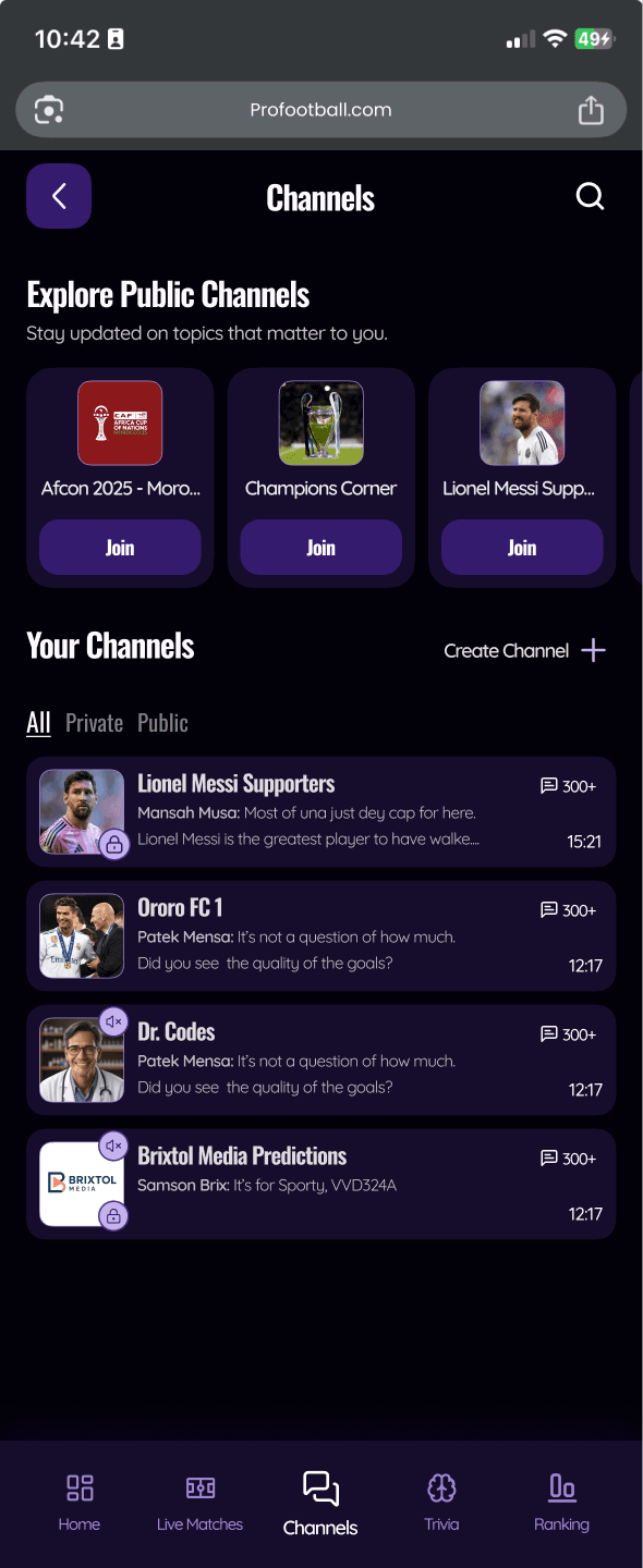 ProFootball mobile channels — curated football content