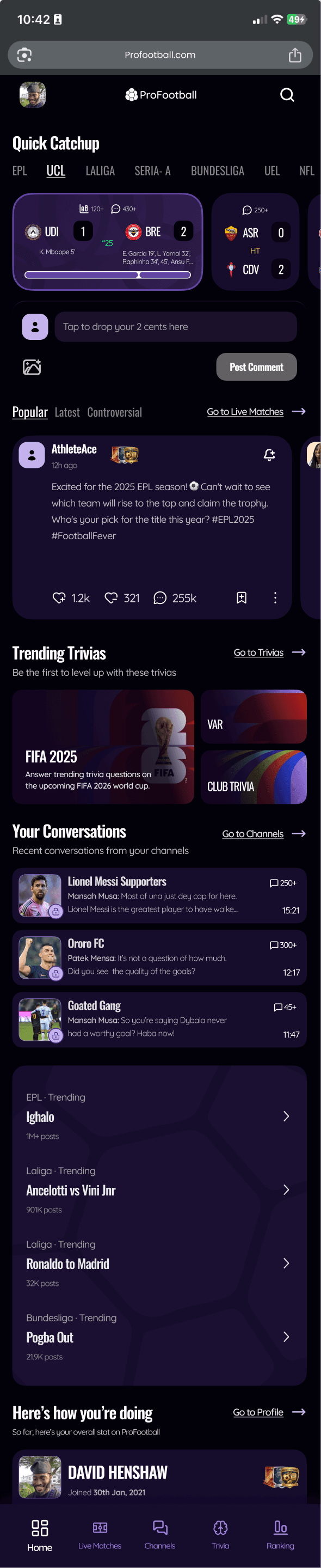 ProFootball mobile home — feed, scores, trivia