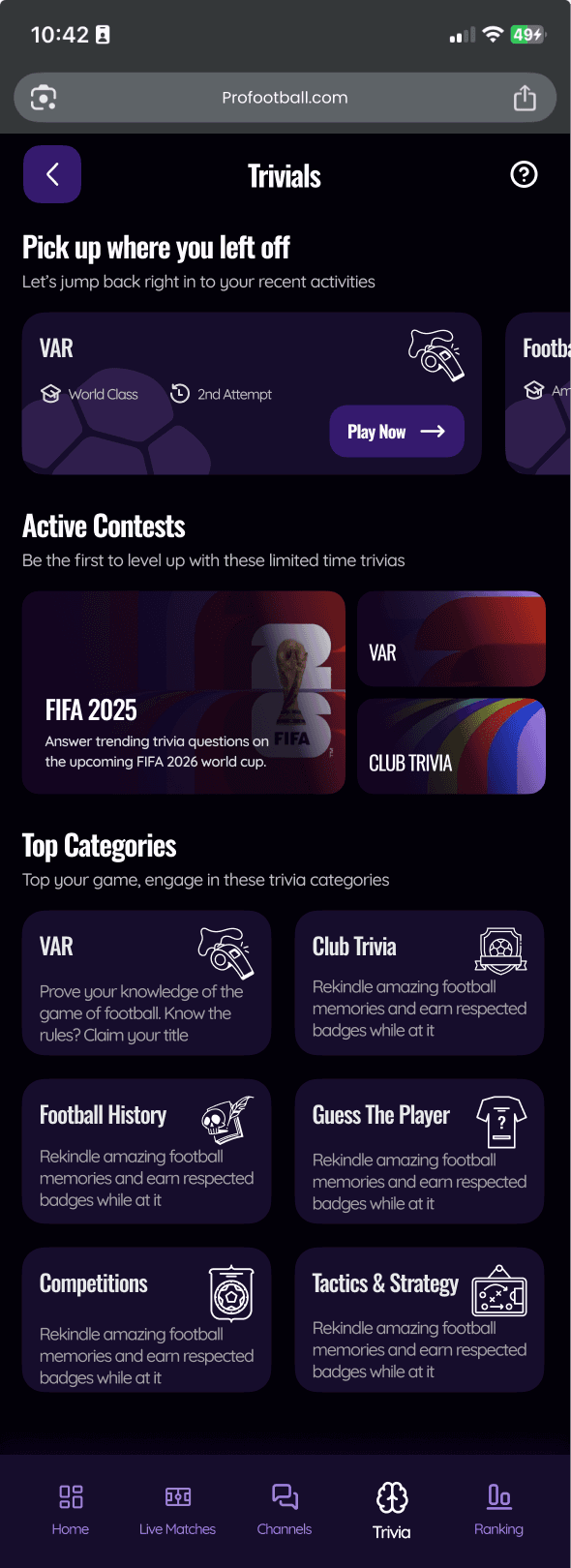 ProFootball mobile trivia — categories and active contests